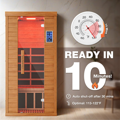1-Person Sauna Room, Indoor Spectrum Infrared Sauna for Home, Dry Sauna with WiFi/BT Control and 5 Heater Panels, 9-Color Light Therapy, Safe Flame-Retardant Material, Wood Low EMF 1200W/120V Heater, Home Spa and Gym Use