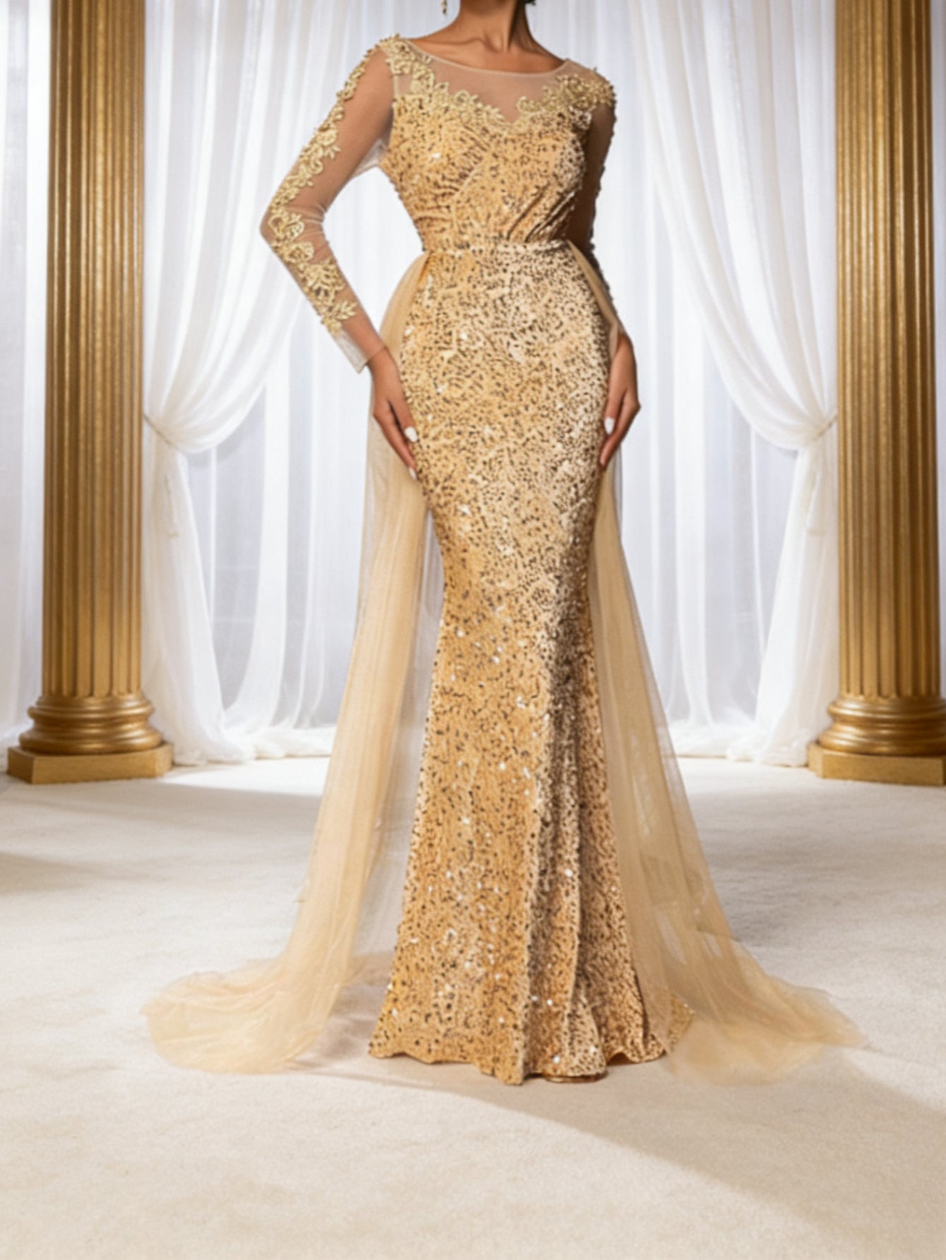 Plus Size, Women' Plus-Size Elegant Evening Gown - Long Train Wedding Dress with Lace Sleeves & Full Train, Round Neck Formal Dress for Prom, Galas, Balls - Luxury Formal Wear (Hand Wash/Dry) - - Wedding & Special Occasion Dr