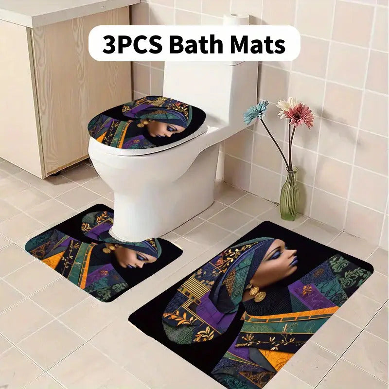 Set of 4 Luxurious Fabric Items Adorned with Golden, Featuring an Extra Wide Circular Shower Curtain Available in Various Sizes. This Decorative Bathroom Ensemble Includes a Shower Curtain, a Non-Slip Mat, a Toilet Seat Cover
