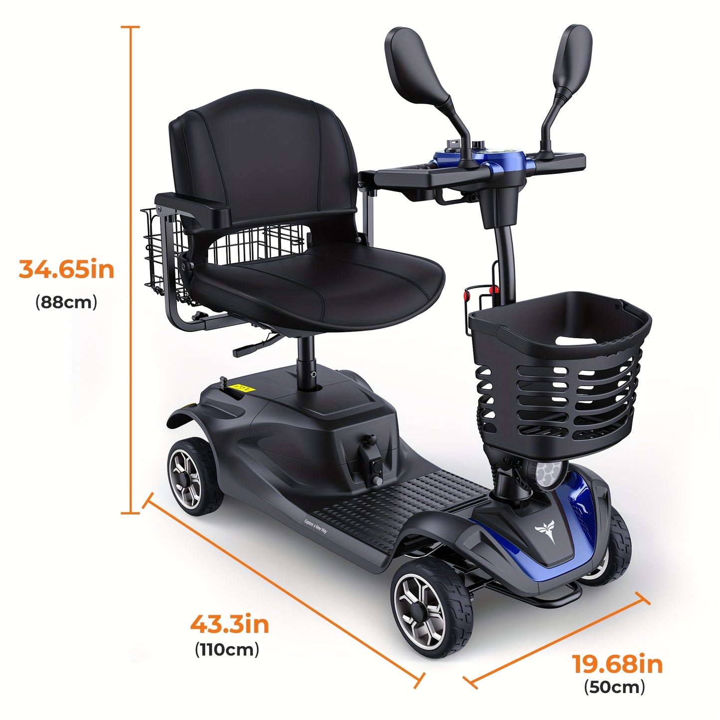 New 4-Wheel Mobility Scooter, 250W Motor, 5.6MPH Speed, 24V 12AH Battery, Solid 8"x3" Tires, Rearview Mirrors, Dual Baskets, Foldable & Adjustable Design, Easy To Control, Ideal For Daily Use And Outdoor Adventures, Blue