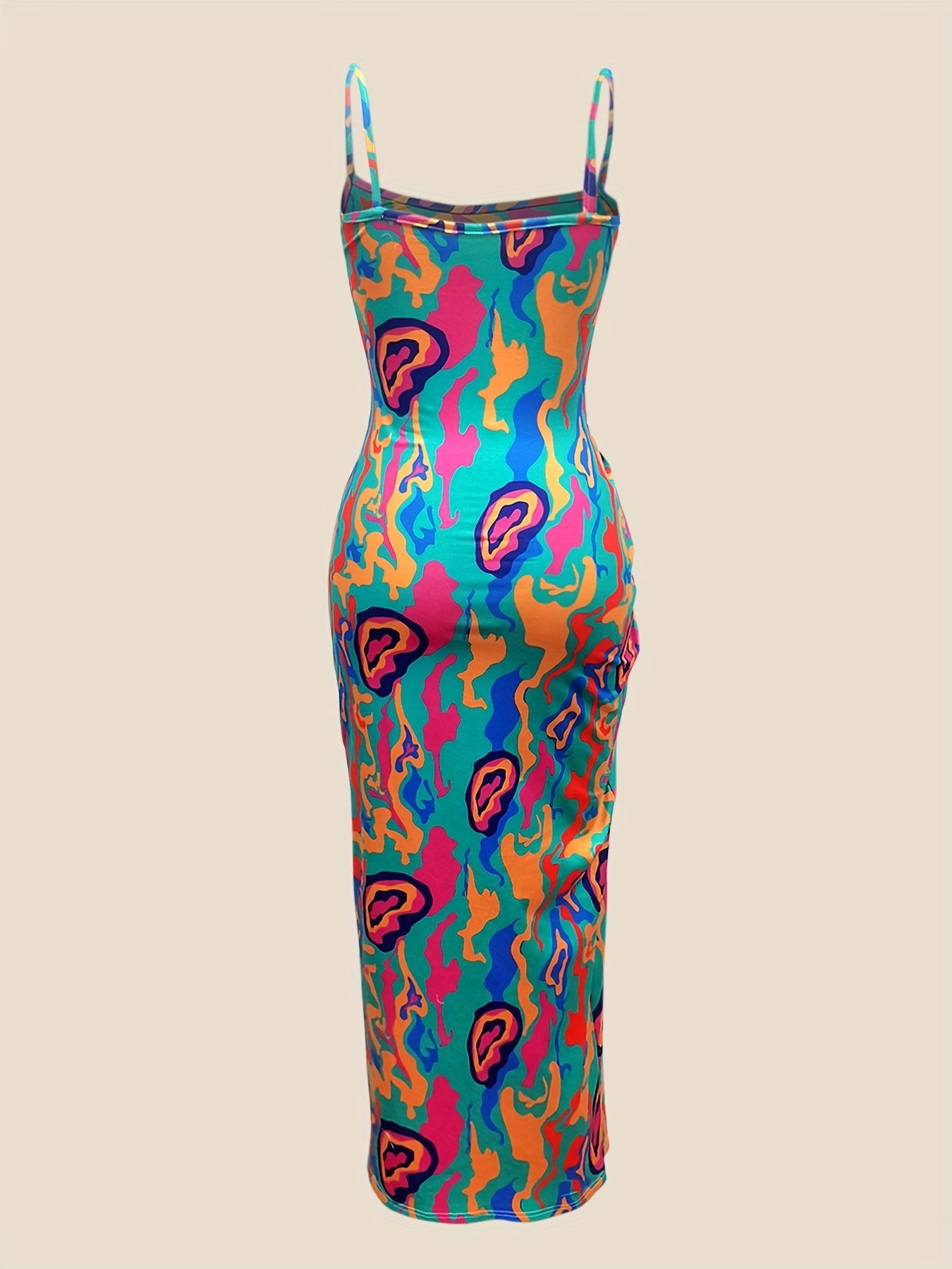 Women's Sexy Geometric Print Open Back Split Hem Dress - Stretchy Spaghetti Strap High Elasticity Machine Washable All-Season Casual to Evening Wear, Street Style Attire | Casual Chic Wear | Accessory Coordination