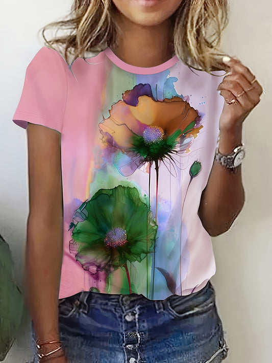 Plus Size, Women'S Soft Pink Abstract Floral Print T-Shirt - Pastel Pink with Green & Purple Watercolor Design, Breathable Non-Stretch Fabric, Comfort Fit Round Neck Short Sleeve Top, Casual Everyday Blouse for Fall, Machine