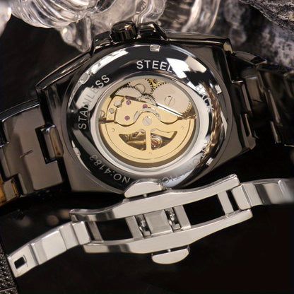 1pc Youth Men's Yellow Blue Steel Band Gorgeous Elegant Automatic Skeleton Tourbillon Mechanical Watch, Men's Fashion Accessory, Luxury Timepiece, Skeleton Dial Design, Elegant Timepiece, Automatic Movement, Durable Construct