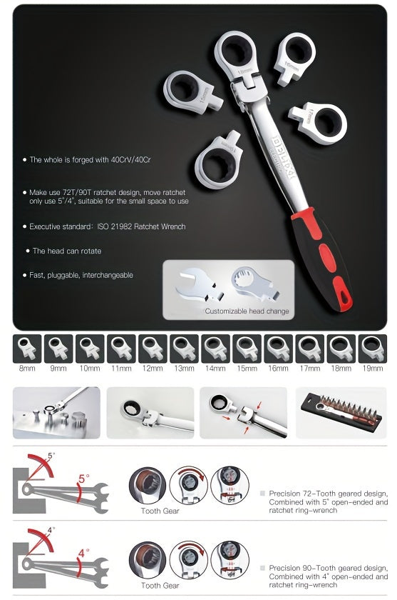 12-In/6-In Interchangeable Head Ratchet Socket Wrench, Flexible Head Combination Wrench Set, Adjustable Head Ratchet Wrench Set, Quick Wrench Set