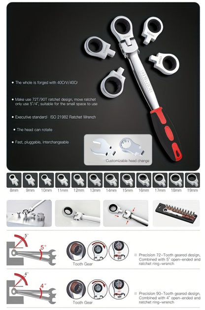 12-In/6-In Interchangeable Head Ratchet Socket Wrench, Flexible Head Combination Wrench Set, Adjustable Head Ratchet Wrench Set, Quick Wrench Set