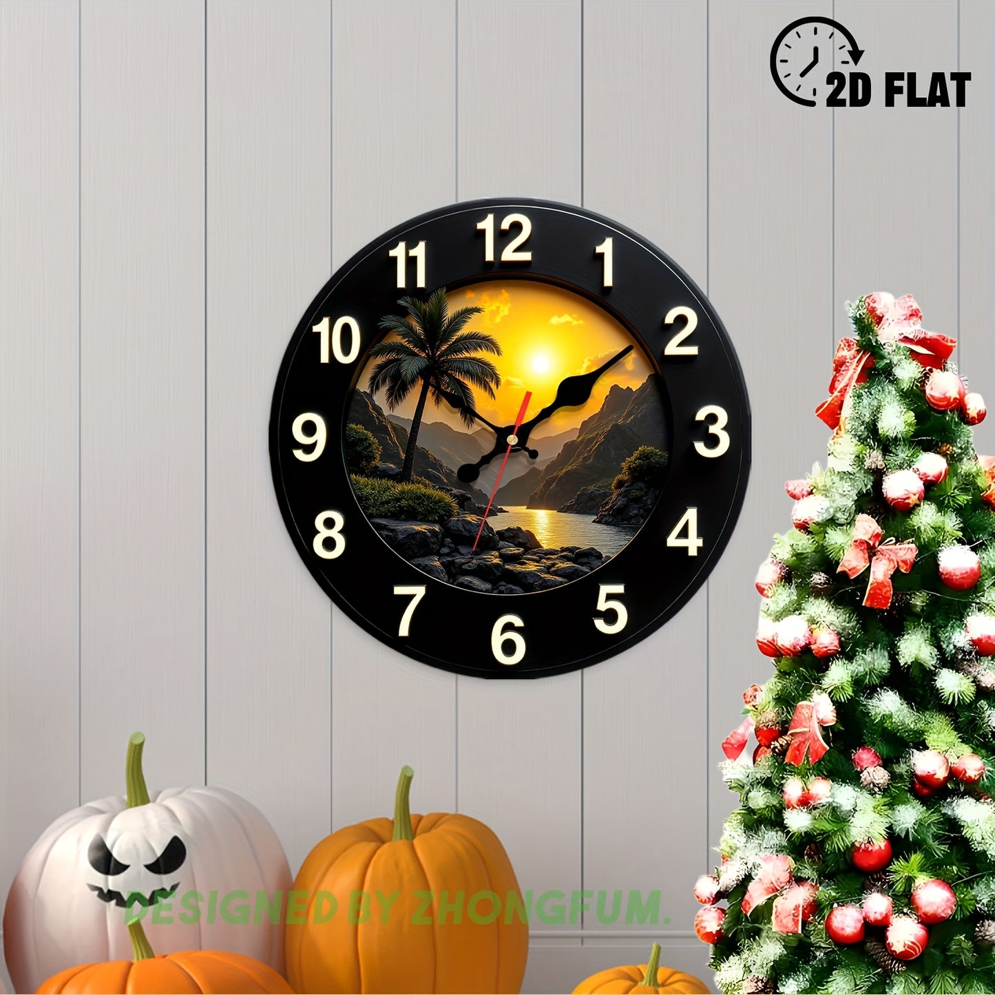 12inch Silent Wall Clock, Palm Tree, Sunset, Mountain, River. 2D FLAT Pattern Wood Non-Ticking Nursery Wall Clock, Quiet Clock for Bedroom Homes Office, Cool Stuff for Room Decor, Thanksgiving Day Christmas Holiday Decor, Bed