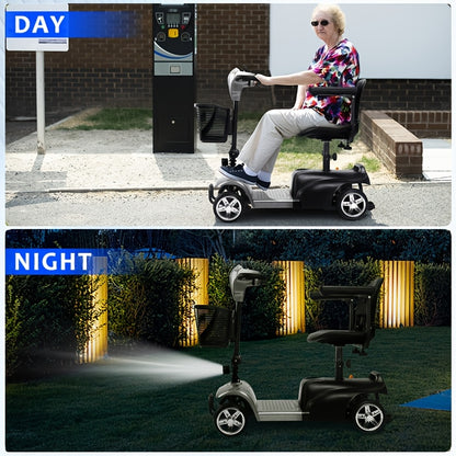 A Four-wheeled Foldable Electric Mobility Scooter For Seniors, It Has A 250W Motor, 24V Power System, 15-mile Range, Front LED Lights, Detachable Basket, Rotatable Seat, And Folds For Car Storage, The Perfect Choice For Daily
