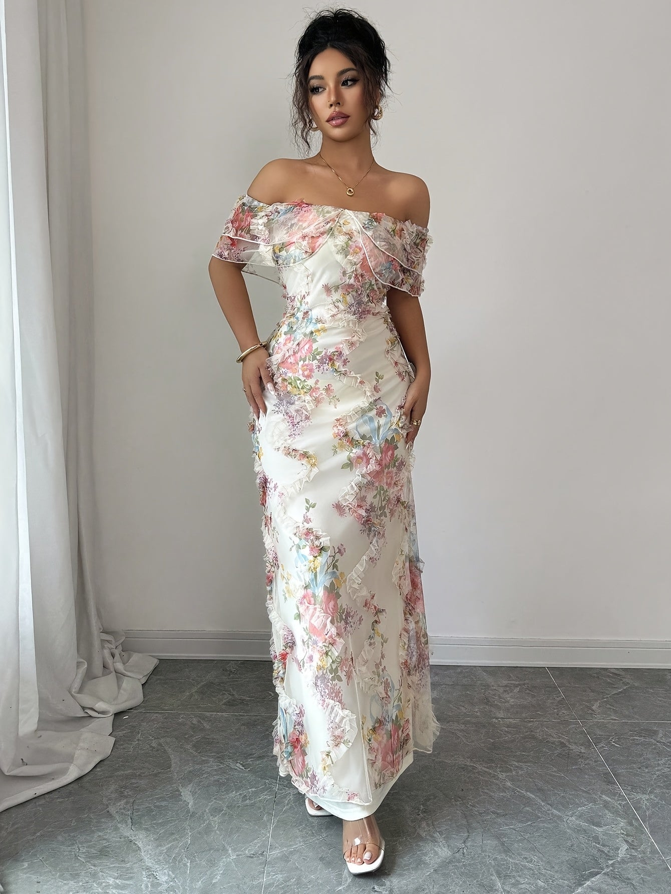 A Stylish And Romantic Off-Shoulder Bodycon Dress for Women, Featuring Ruffles And a Floral Sheer Design That Highlights The Waist