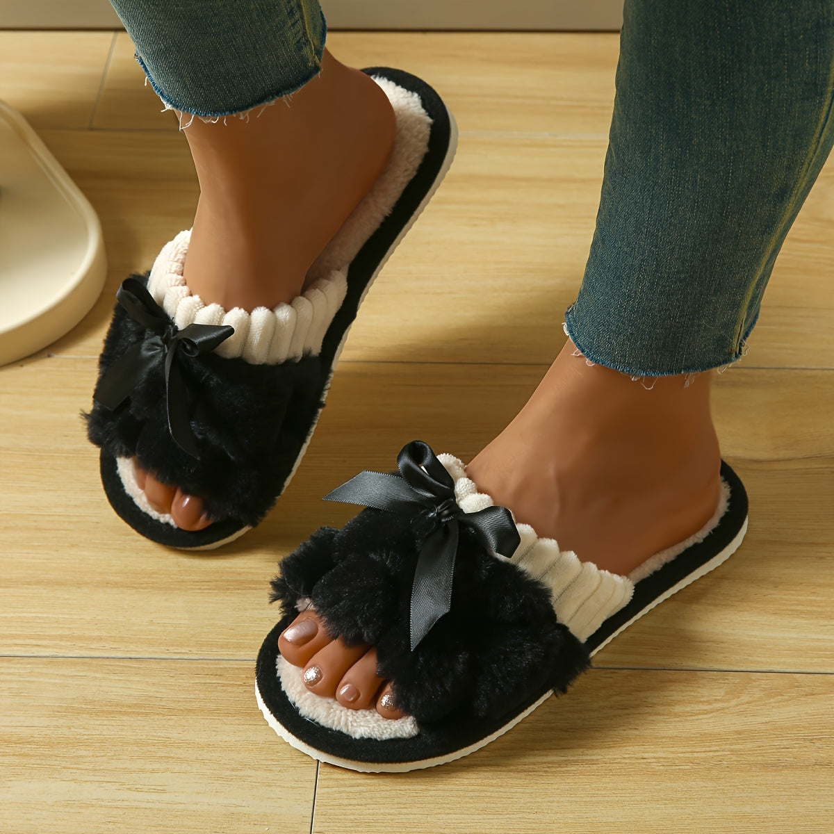 Women's Plush Fleece Slip-On Slippers with Bow Detail - All-Season Indoor House Shoes, Soft EVA Sole for Comfort & Quiet, Cozy Home Slippers in Black/White/Green/Beige/Pink/Grey, Cute Slippers