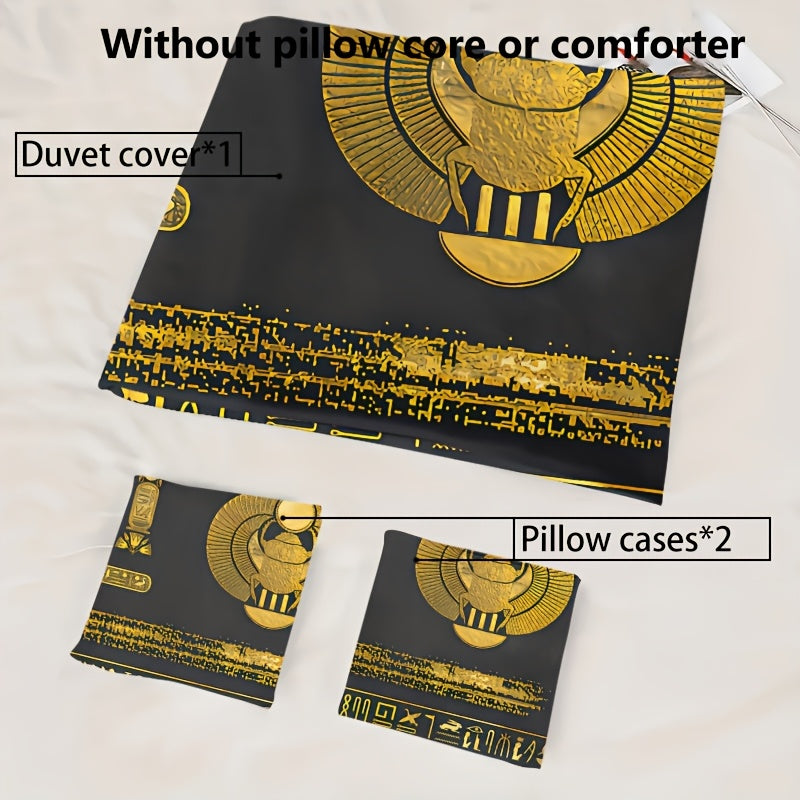 Egyptian Theme Duvet Cover Set - 3pcs Soft High-Definition Digital Print In Black And Golden - Breathable Polyester, Machine Washable - Perfect Gift For All-Season Use With Duvet Cover And Pillowcases