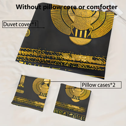 Egyptian Theme Duvet Cover Set - 3pcs Soft High-Definition Digital Print In Black And Golden - Breathable Polyester, Machine Washable - Perfect Gift For All-Season Use With Duvet Cover And Pillowcases