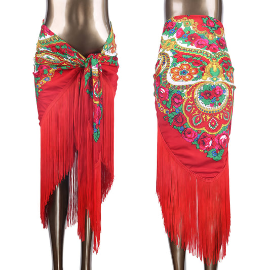 Women'S Luxury Boho Floral Fringe Hip Scarf - Elegant Belly Dance Wrap Skirt & Shawl with Tassel Hem, Vibrant Red Color Options, Multicolor Printed Bohemian Style for Beach, Festival, Party, Travel - Versatile Sarong Cover Up