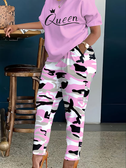 Plus Size Women'S Casual Outfit Featuring a Queen Letter Print Tee And Camouflage Trousers with Pockets - Made from Elastic Polyester Blend, Washable in Machine, Short Sleeves, Crew Neck, Size S
