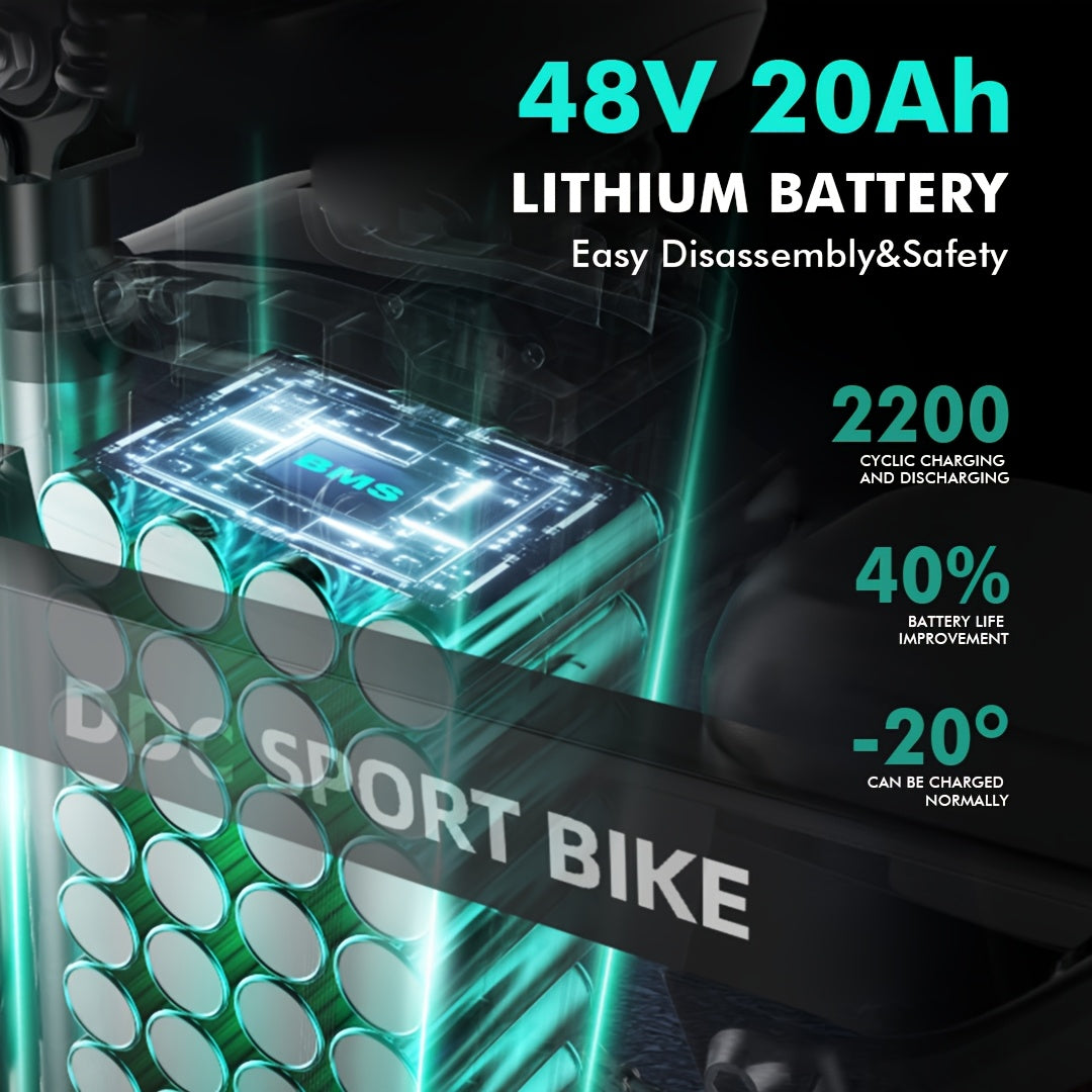 Discover Without Limits: 700W Collapsible Electric Bicycle for Grown-Ups. Reach Speeds of 20MPH And Travel Up to 35 Miles on a 48V Battery. Conquer 25° Inclines, Support Up to 385 Pounds, And Enjoy a Comfortable Ride with Ef