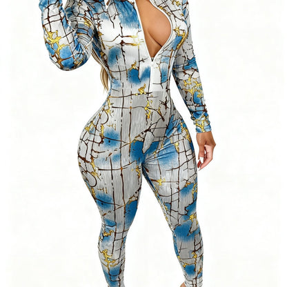 Women's Lightweight Full-Body Animal Print Jumpsuit - Zipper Front Long Sleeve Suit, Tight-Bodied One-Piece for All-Season Casual Wear, Machine Washable y Outfit ( Collar)