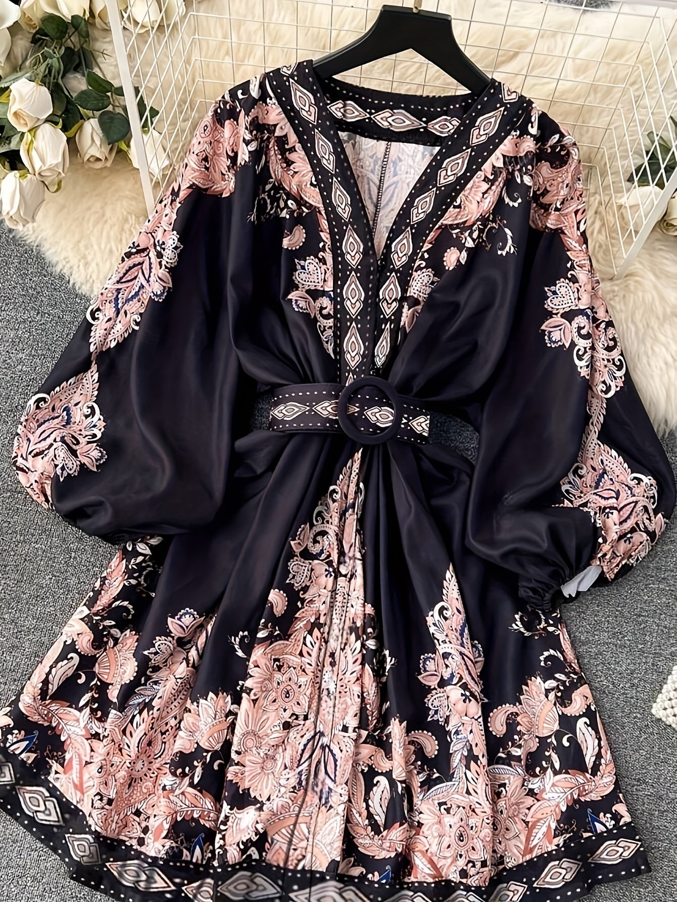 Women's Vintage Palace-Inspired Floral Print A-Line Dress with Lantern Sleeves & Adjustable Waist Tie - V-Neck Long Sleeve Loose Fit Maxi Dress for Spring/Fall, Machine Washable, Cute Dresses