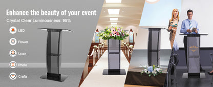 SucceBuy 47" Acrylic Podium Stand Floor-Standing Clear Pulpit Acrylic Desktop Lecterns w/ Storage Shelf for Church Office School