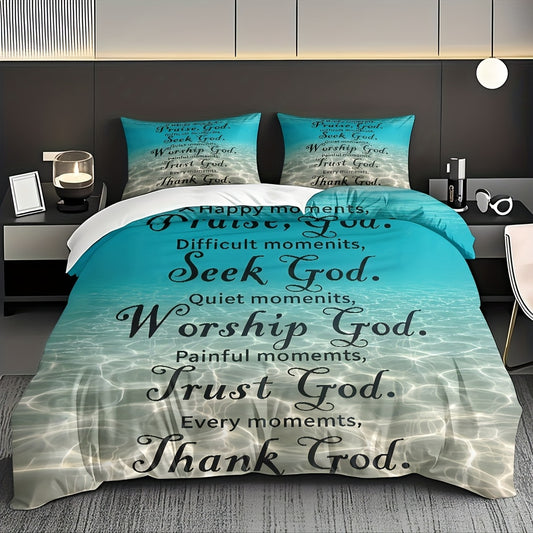 Blue-Green Gradient Duvet Cover Set with Inspirational Christian Quotes - Soft Polyester, Machine Washable, Includes 1 Duvet Cover & 2 Pillowcases, All-Season Gift for Home Use, Perfect for Family and Friends, Machine Washabl