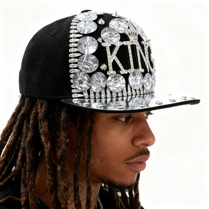 Unisex Stylish Rhinestone "KING" Baseball Cap - Lightweight Polyester, Black with Sparkling Embellishments, Perfect for Casual Outings and Parties, Statement Fashion | Edgy Baseball Cap | Metallic Accents