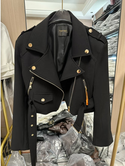 Women'S Retro Motorcycle Jacket - Slim-Fit Short Coat with Stand Collar & Belt, Full-Zip Front Closure, Structured Biker Outerwear for Fall Commuting, Casual to Semi-Formal Outfits (Black/White) - Versatile Layering Piece, Mo