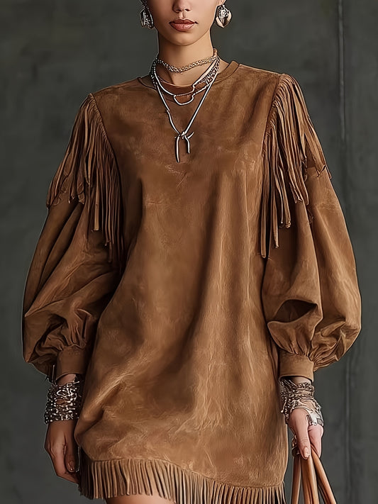 American Vintage Fashion Fringe Women's Mini Dress with Round Neck, Lantern Sleeves, and Fringe Hem for Party, Casual, Autumn Street Style, Elegant Special Edition