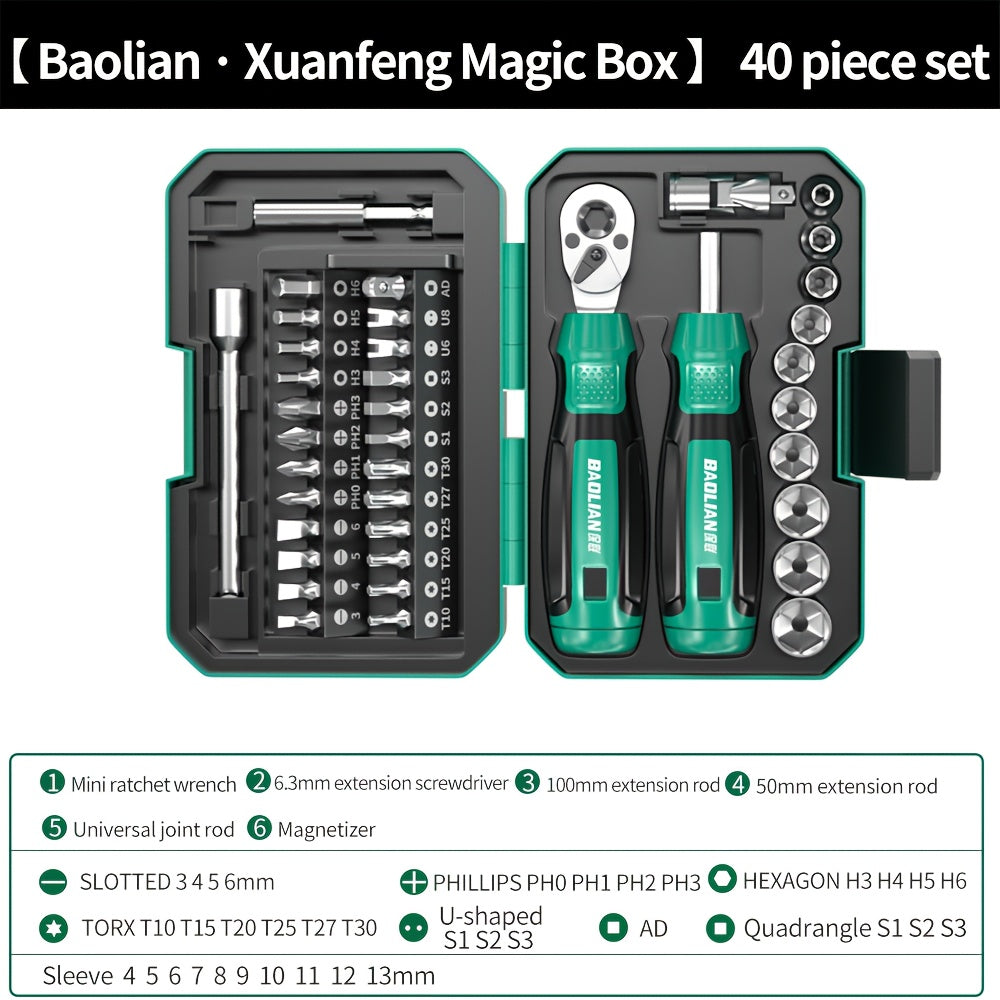 1Set 40In 1 Ratchet Torque Wrench And Multi-Purpose Screw Batch Set, Professional Repair Tool Set, Tooth Ratchet Wrench - Multi-Function Bicycle, Including Ratchet Wrench, Sleeve Head, Scooter Repair Tool Set, Various Head Ty