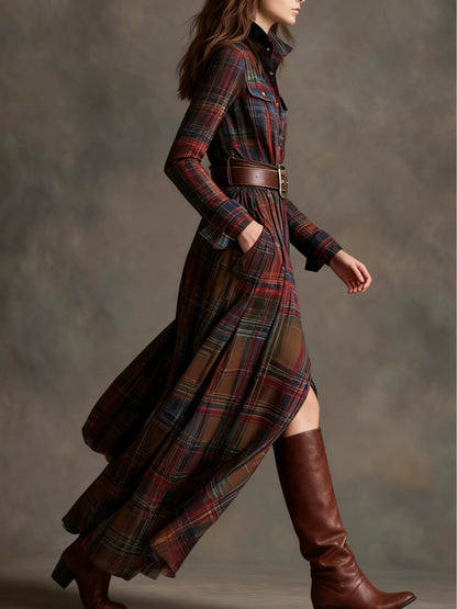 Women'S Autumn-Winter French Retro Elegant Literary Plaid Lapel Maxi Dress | Long Sleeve, Button Details, Vintage Style