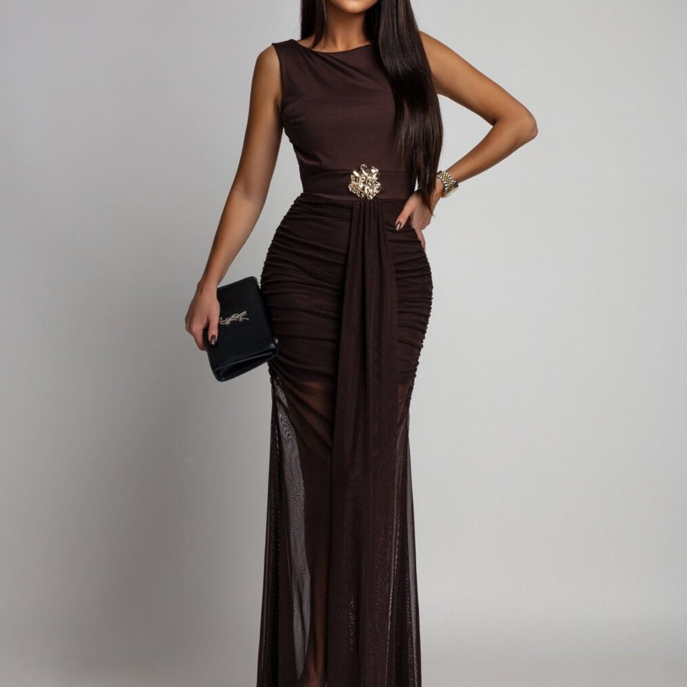 Backless Sleeveless Bodycon Evening Dress - Coffee Color Metallic Floral Pleated Mesh Slit Maxi Skirt Dress Suitable for Dinner Dates, Weddings, Prom, Spring Summer Outfits, Machine Washable Elegant Dress