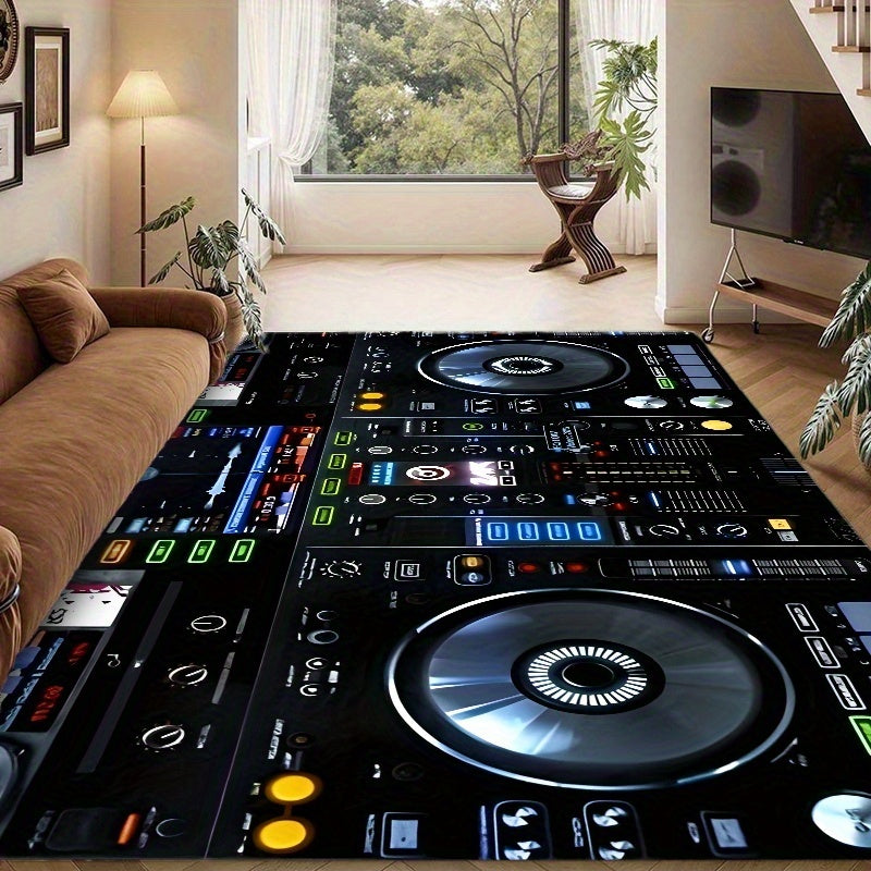 Large Non-Slip Floor Mat Mat - DJ Turntable Design -Slip Living Room Bedroom Bathroom Mat, Machine Washable Indoor/Outdoor Mat for Home Studio, Parties, Gym - Black Background with DJ Controls Graphic
