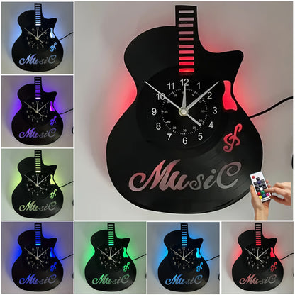 Handmade Guitar-Shaped Vinyl Record LED Wall Clock - Unique Musical Theme, Irregular Shape, Flat Crown, Digital Display, Battery Operated (AA Not Included) - Ideal for Living Room, Bedroom, Office, Music Room Decor - Perfect