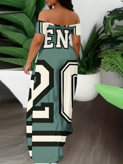 Plus Size, Elegant Off-Shoulder/One-Shoulder Maxi Dress - Teal & White Jersey Print Beach Wedding Guest Dress, Prom Dress, Year-Round Wear - Machine Washable Loose Fit Long Maxi Dress with Shortened headpiece Compatible for c