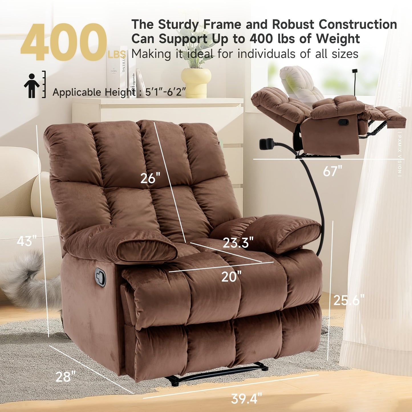 Chizzysit 2 Pack Manual Recliner Chair, Oversized Reclining Chair, Velvet Comfortable Recliner Chairs for Adults with Soft Overstuffed Arms And Back, Heavy Duty Reclining Chair for Living Room, Ergonomic Single Sofa Chair, So