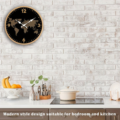 1pc Round Clock, World Map Themed Design Wall Clock, Silent Quartz Wooden Clock, Suitable for Bedroom Living Room Office Kitchen Bathroom, Battery Powered (Batteries Not Included)