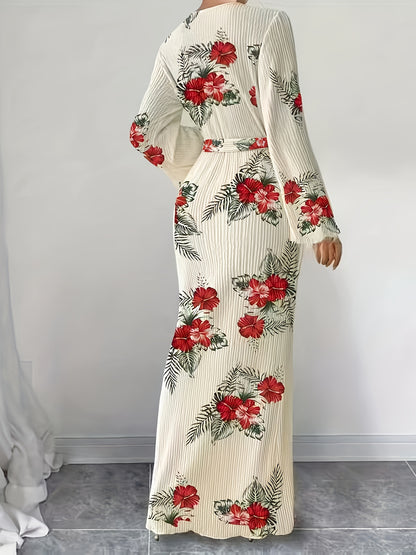 Women's Elegant Pleated Fabric Flared Long Sleeve Dress for Autumn and Winter