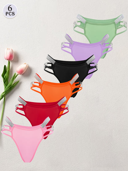 6pcs Women's Sexy Bikini Panties, Mixed Colour Heart Chain, Hollow Out, Glitter Waistband Elegant Luxury Thong, Romantic Dating & Party & Casual Attire Underwear, Women's G-string & Briefs