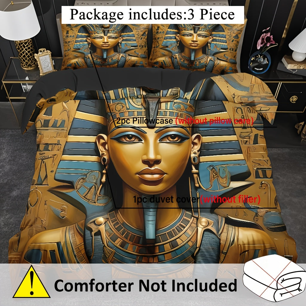 Pharaoh Theme Duvet Cover Set - Soft High-Definition Digital Print, Egyptian Style Golden And Blue, All-Season, Soft Breathable 100% Polyester, Perfect Gift For Family And Friends, Machine Washable, Includes 1 Duvet Cover + 2