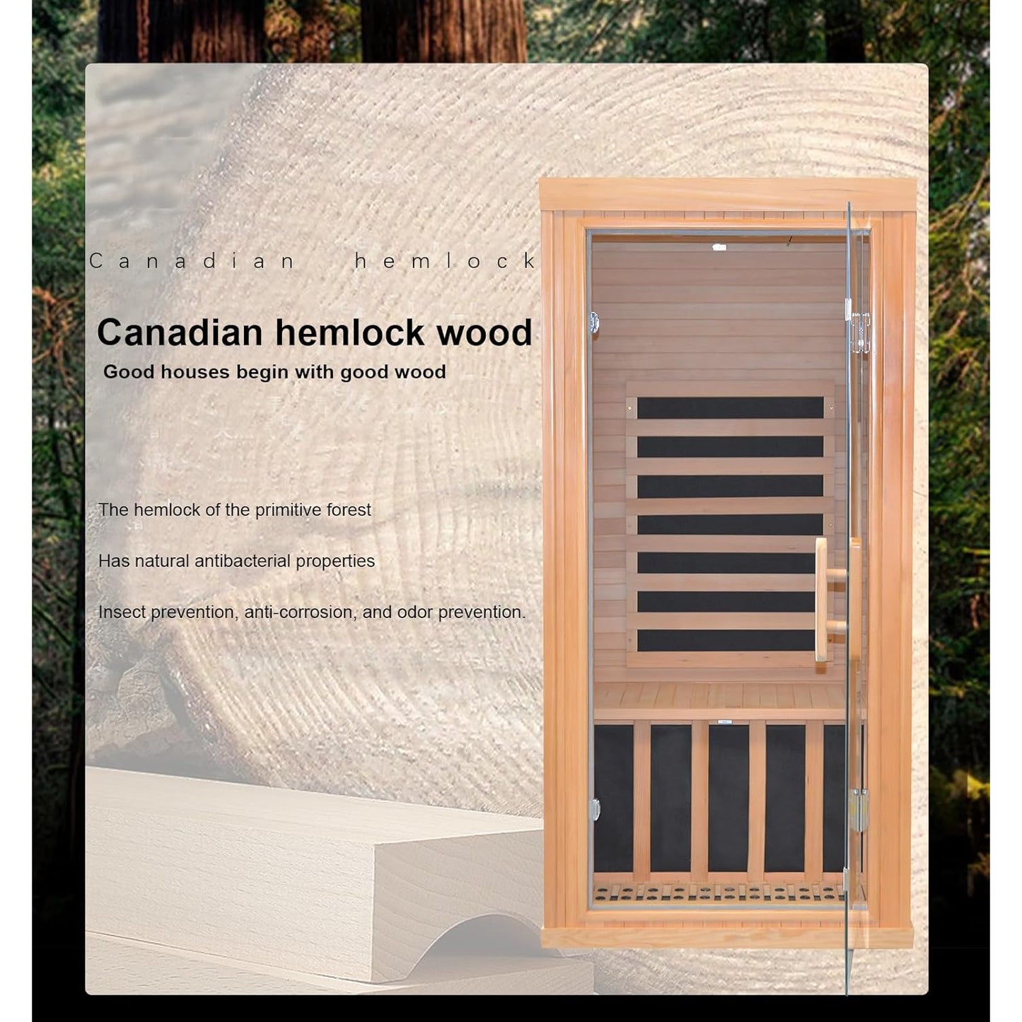 Home Infrared Sauna Room with Graphene Carbon Plate Heater - Canadian Hemlock Wood Cabin, Low-EMF Full-Spectrum, //AUX Stereo & FM Radio, Door & Roof - Portable Indoor Sauna for Spa,