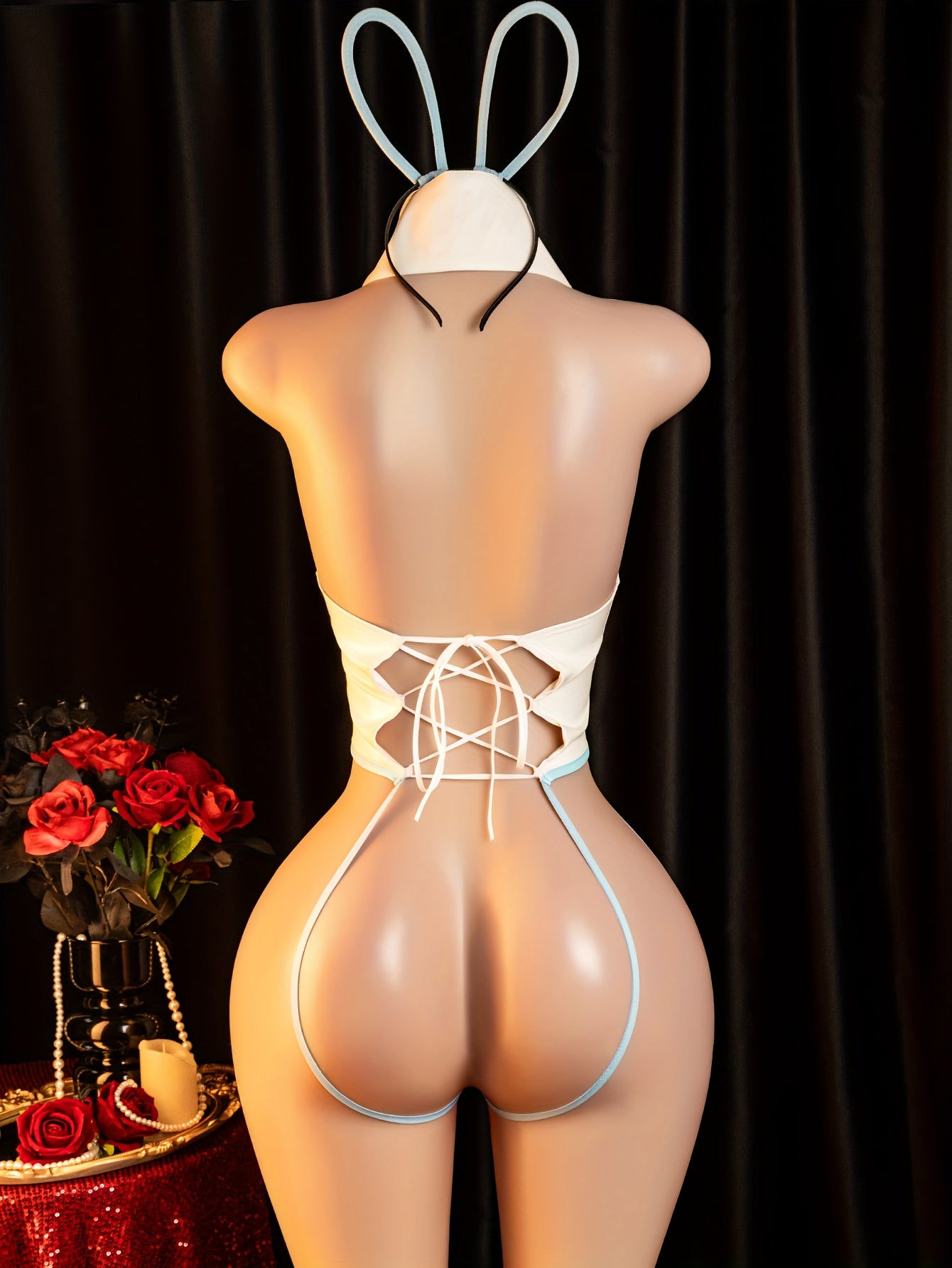Women's Sexy Jumpsuit, Backless Camisole Onesie Design, Crotchless Style, Sexy Lingerie Set: Jumpsuit + Rabbit Ear Headband & Bow Tie
