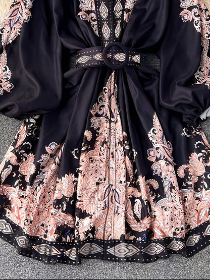 Women's Vintage Palace-Inspired Floral Print A-Line Dress with Lantern Sleeves & Adjustable Waist Tie - V-Neck Long Sleeve Loose Fit Maxi Dress for Spring/Fall, Machine Washable, Cute Dresses