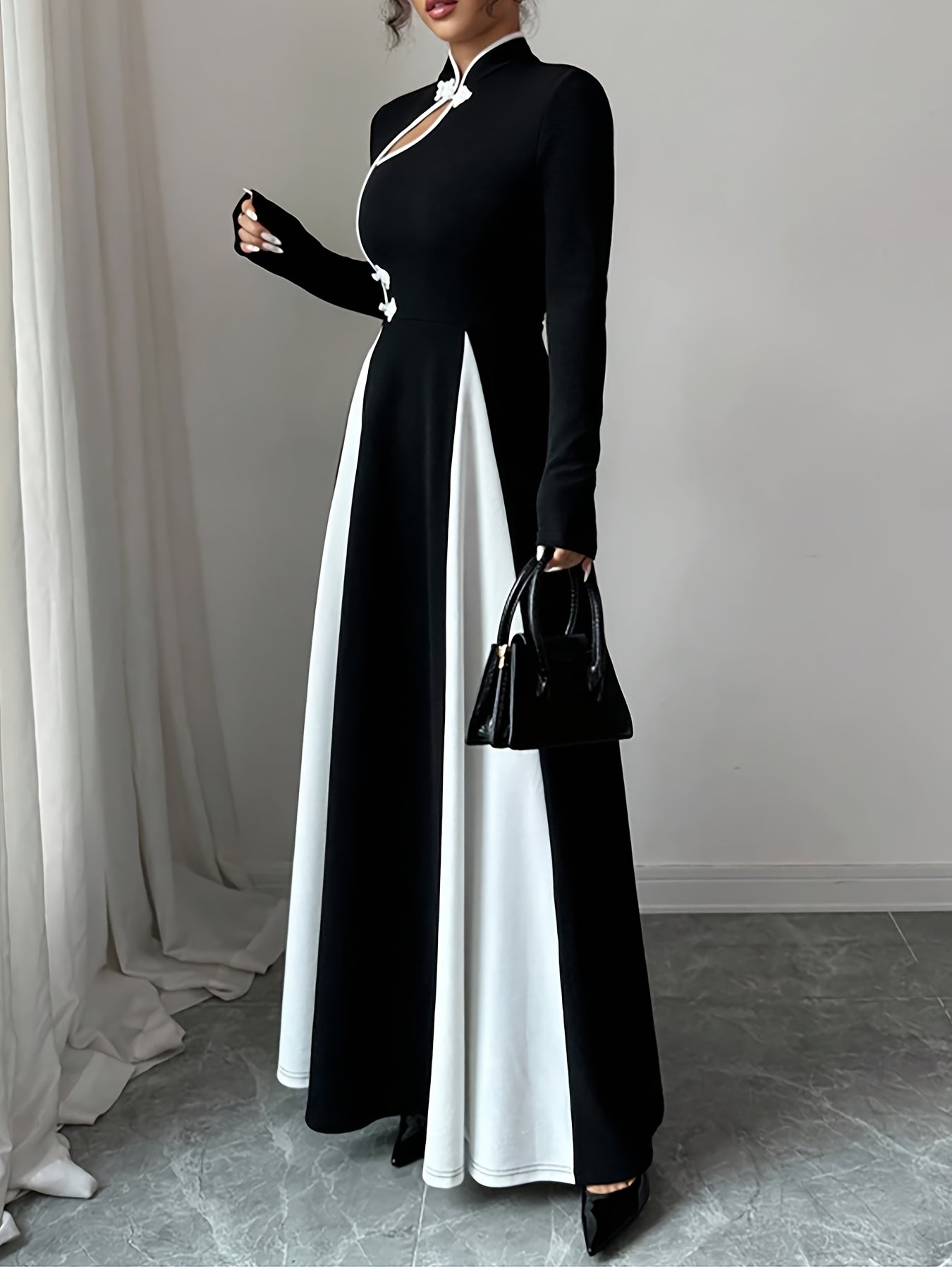Women'S Elegant Chinese-Inspired A-Line Maxi Dress with Asymmetrical Hem & Stand Collar - Black & White Color Block, Long Sleeve, Round Neck, All-Season Versatile