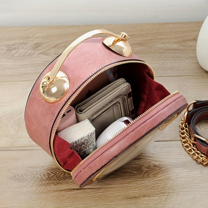 Vintage-Inspired Clock Handbag with Adjustable Strap – Stylish Round Design in Caramel, Pink, or Black – PU Material, Zip Closure, Perfect for Casual Outings