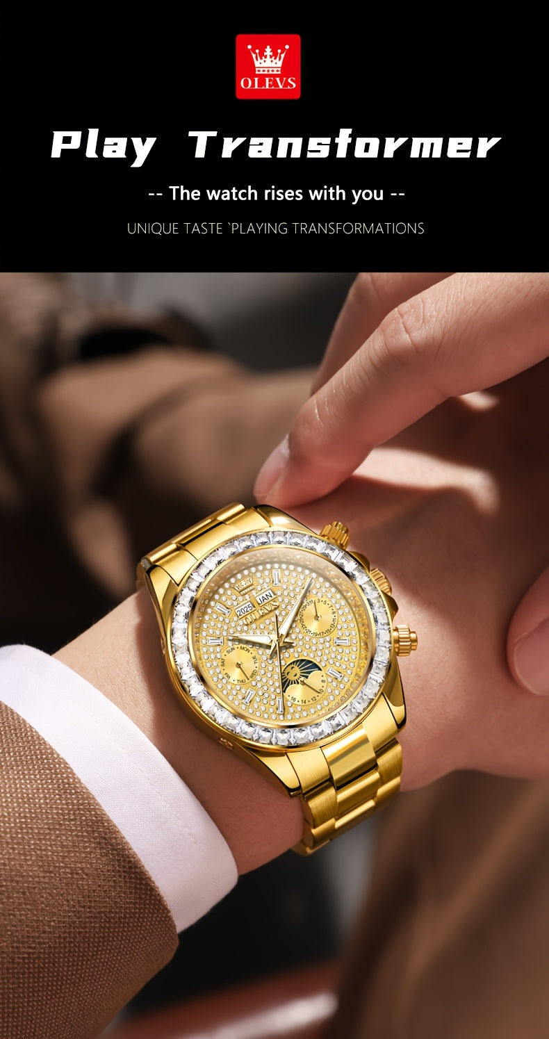 OLEVS Men's Automatic Mechanical Business Watch - Stainless Steel Luminous Golden-Tone Dial with Accents, Date & Day Display, Luxury Dress Watch for Formal Events & Professional Settings, Automatic Mechanical Watch, Formal Ti