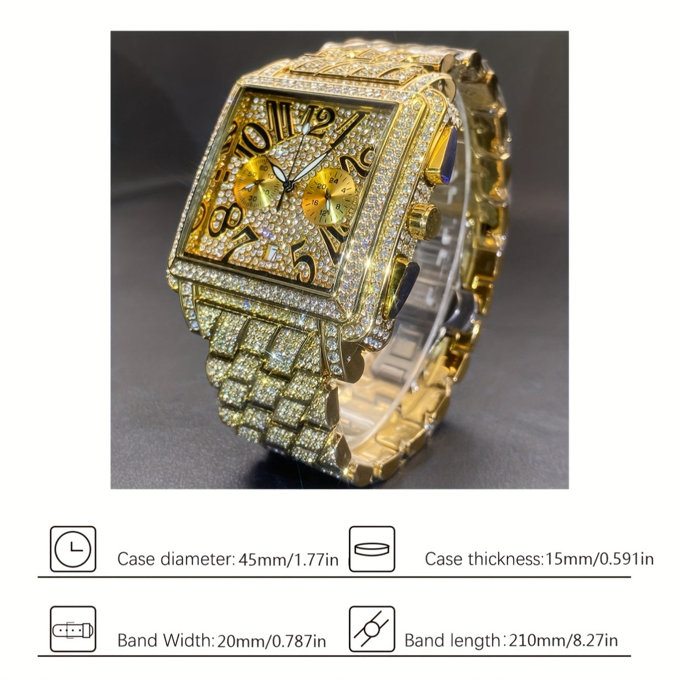 MISSFOX Men'S Luxury Hip-Hop Watch - Golden-Tone Quartz Movement with Date/Calendar, Square Dial & Roman Numeral Display, Sparkling Rhinestone Bezel, Battery-powered Formal/casual Wristwatch For Everyday & Special Events - Id