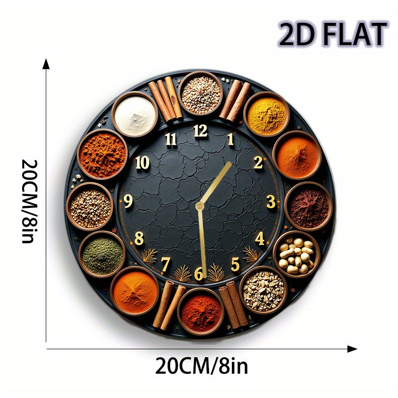 8-Inch Silent Round Wall Clock with Spice & Seasoning Holder - Acrylic Quartz Movement Kitchen Clock with Multicolor Spice Display (Cinnamon, Turmeric, Chili, Peppercorns) & Golden Hands - Battery-Powered (AA Not Included) fo