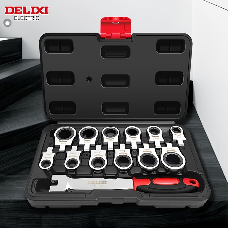 12-In/6-In Interchangeable Head Ratchet Socket Wrench, Flexible Head Combination Wrench Set, Adjustable Head Ratchet Wrench Set, Quick Wrench Set