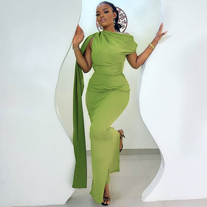 Women's Slim Fit Single Shoulder Dress - Elegant Strapless Diagonal Collar Long Evening Gown Suitable for Weddings, Galas, Proms - Year-Round Formal Dress