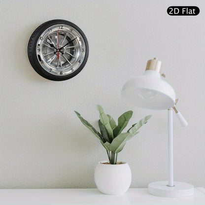 2D Flat 1pc Silent Wall Clock with Car Wheel Design Wooden Wall Clock, 10Inch Modern Home Decor for Living Room, Bedroom, Office - Father's Day, Birthday, Holiday Gift, Battery Not Included, Clock Wall Decor, Bedroom Accessor