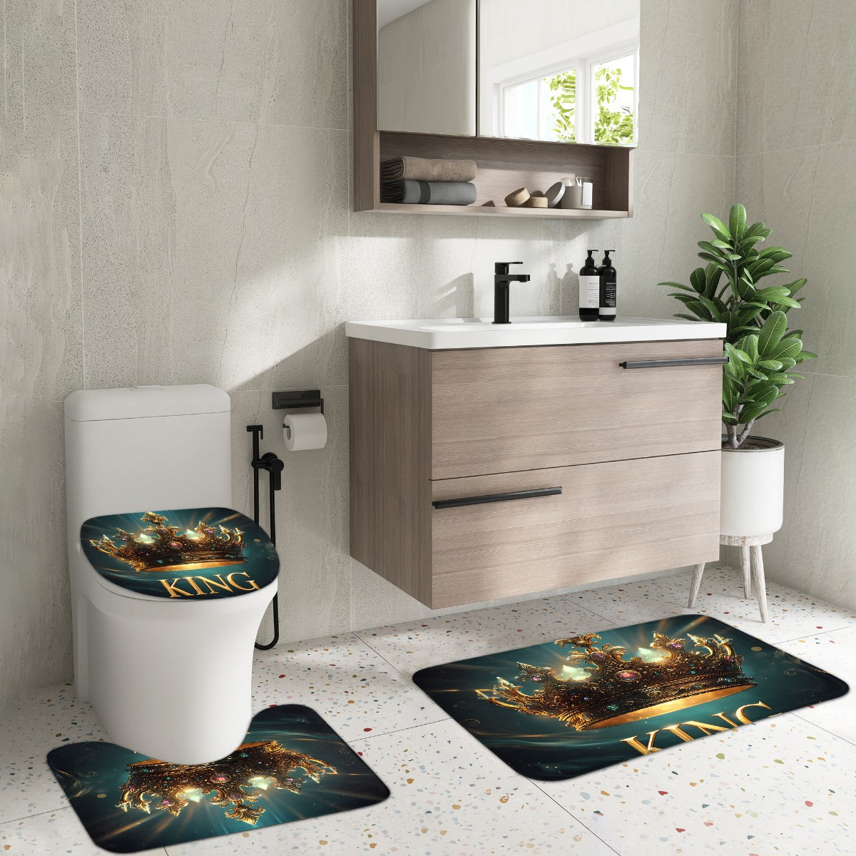 4pcs King Pattern Shower Curtain Set, Fashion Bathroom Curtain Set with 12 Hooks Included, Matching Anti Slip Mats & Toilet Covers, Modern Bathroom Accessories Ideal for Home Decor & Housewarming Gift
