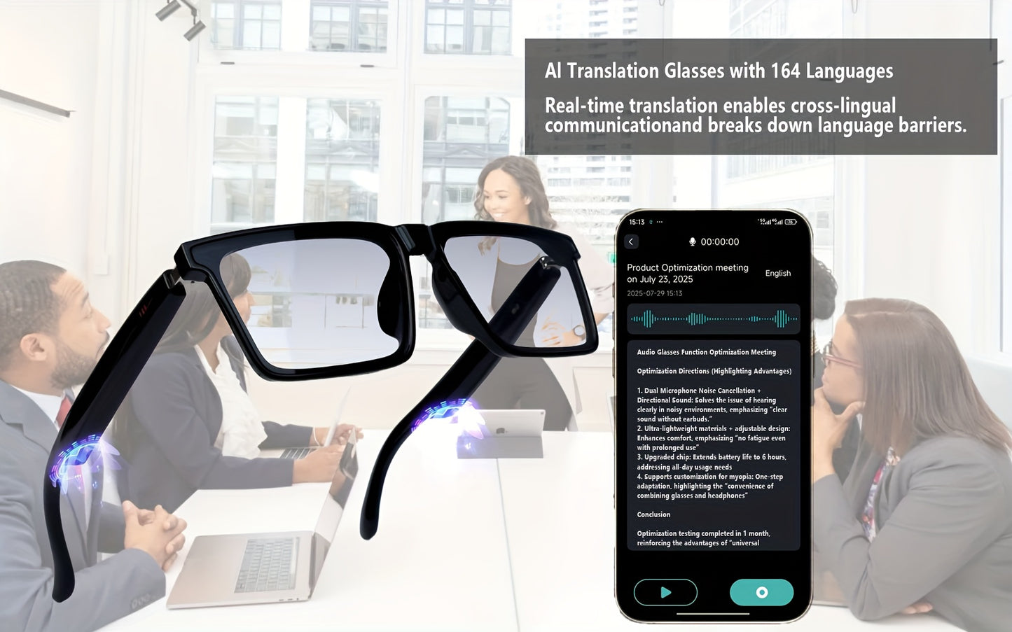AI Translation Smart Glasses with 160+ Languages Support, Built-in, Charging, Photochromic Lens & Voice Call/Music/Translation - Real-Time Language Interpreter, Smart Glasses for Men & Women,, Driving, Office, Smart Audio Gla
