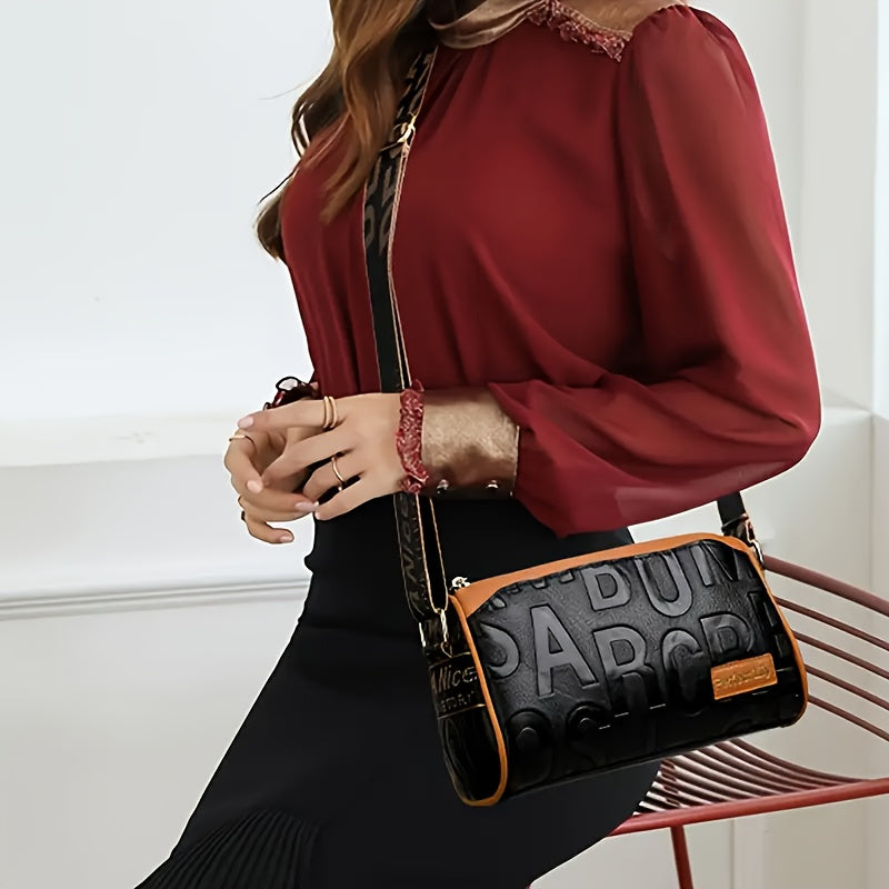 Casual  Crushed Lettering Handbag with Adjustable Strap & Zipper Closure - / Solid Color Multi-layer Shoulder Purse, Durable for,, Shopping